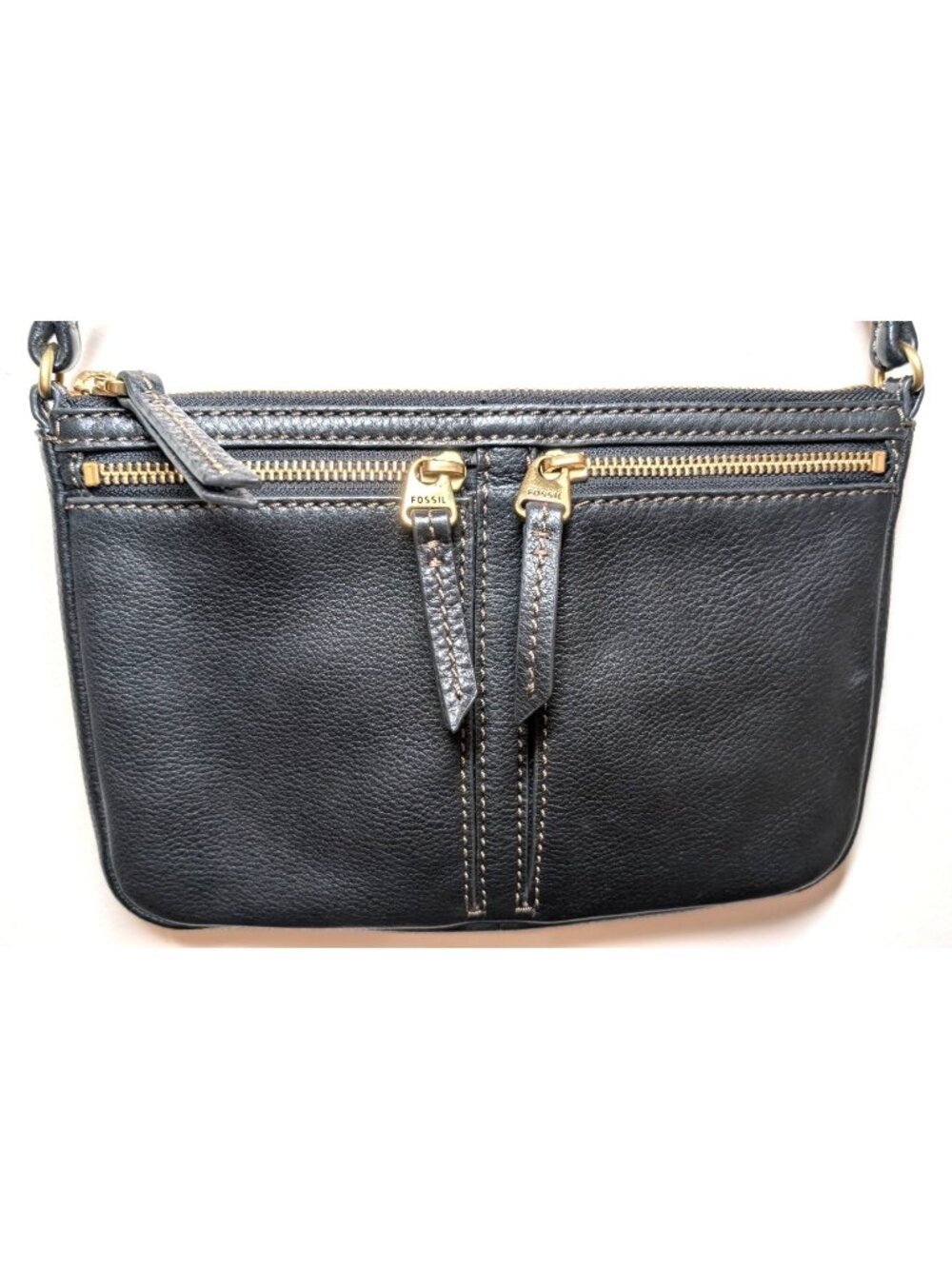 Fossil Black Pebbled Leather Crossbody Bag, Double Zippered Pockets